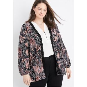 Maurices Black Mauve Floral Crochet Trim Kimono Cardigan Size 2X